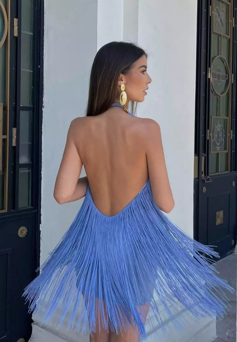 夏季氣質時尚無袖流蘇純色連衣裙CA26022401BL