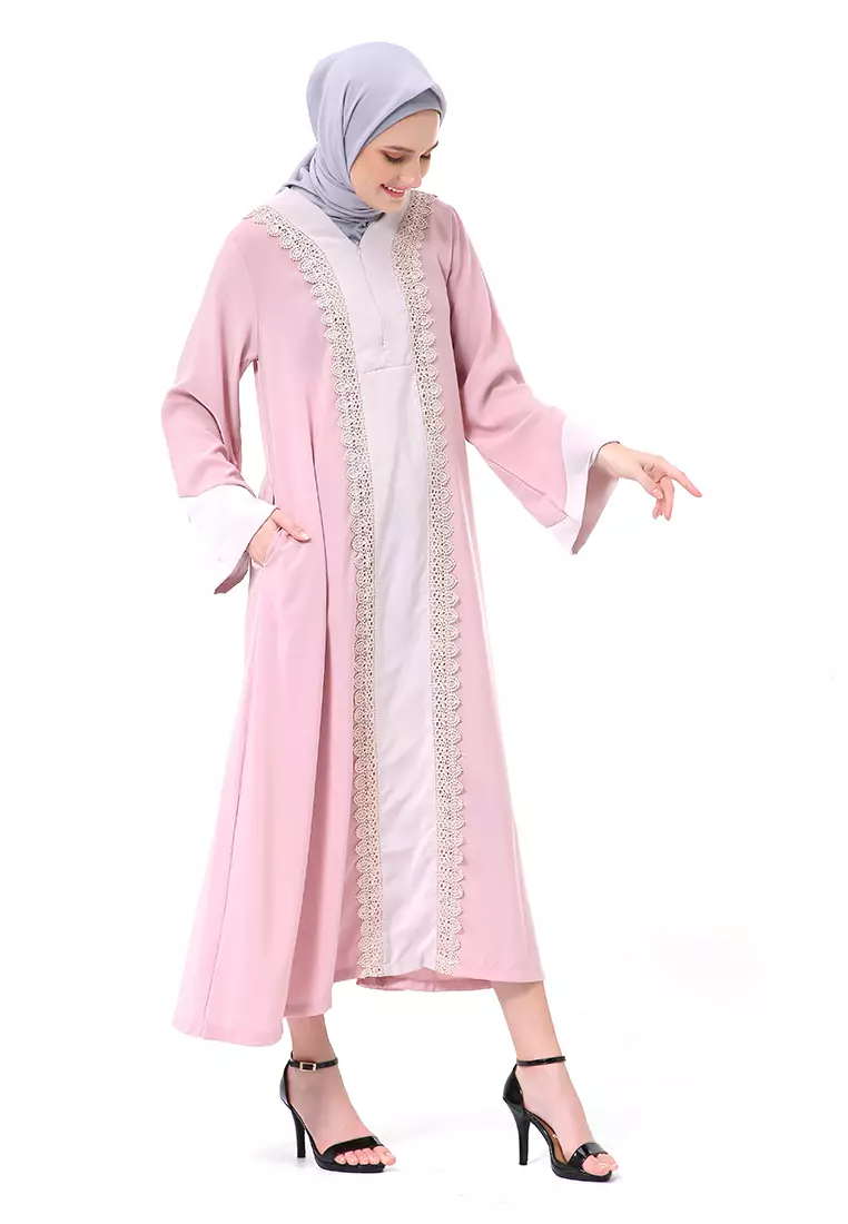 Catlana Long Hidden Pocket Abaya Turkey Variasi Renda Premium High Quality - Rose