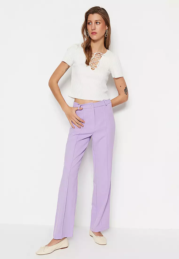 Lilac Straight High Waist Ribbed Stitched Woven Trousers