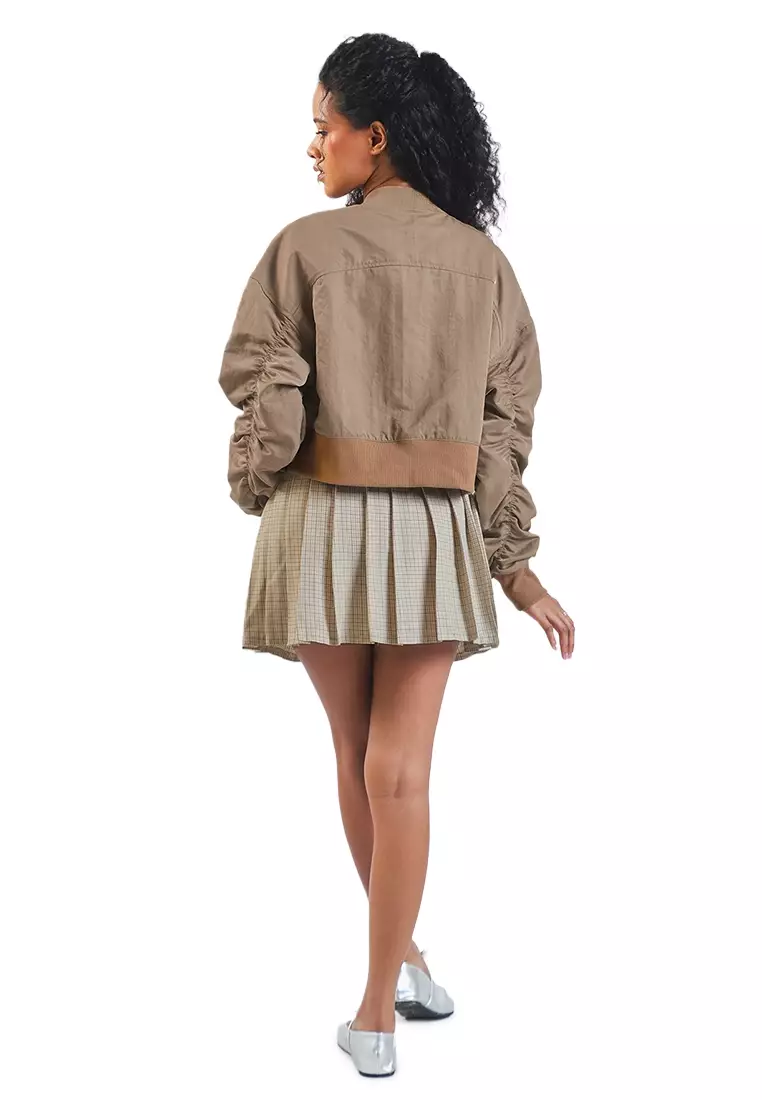 Cropped Bomber Jacket with Ruched Sleeves