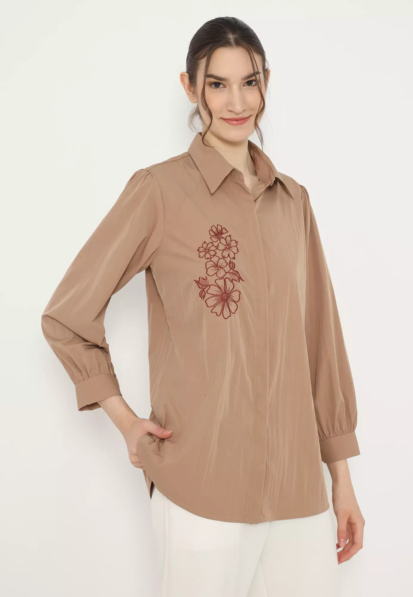 Shirt Brown Embroidery Long Sleeve Arlette By Brilliant Girl Warna Coklat