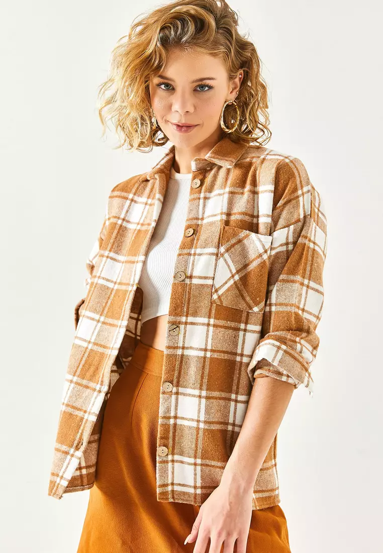 Beige One Pocket Thick Plaid Lumberjack Shirt