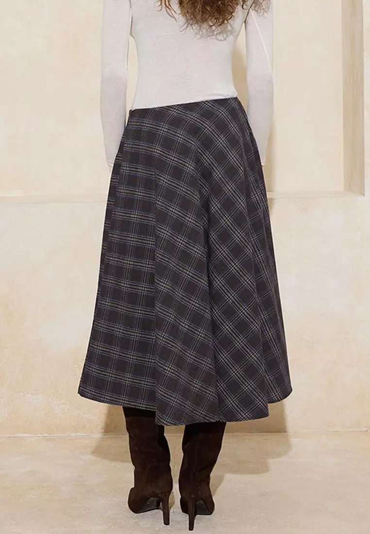 Brown Plaid/Checkered Flannel Woven Flared Midi Skirt Twoaw26Et172