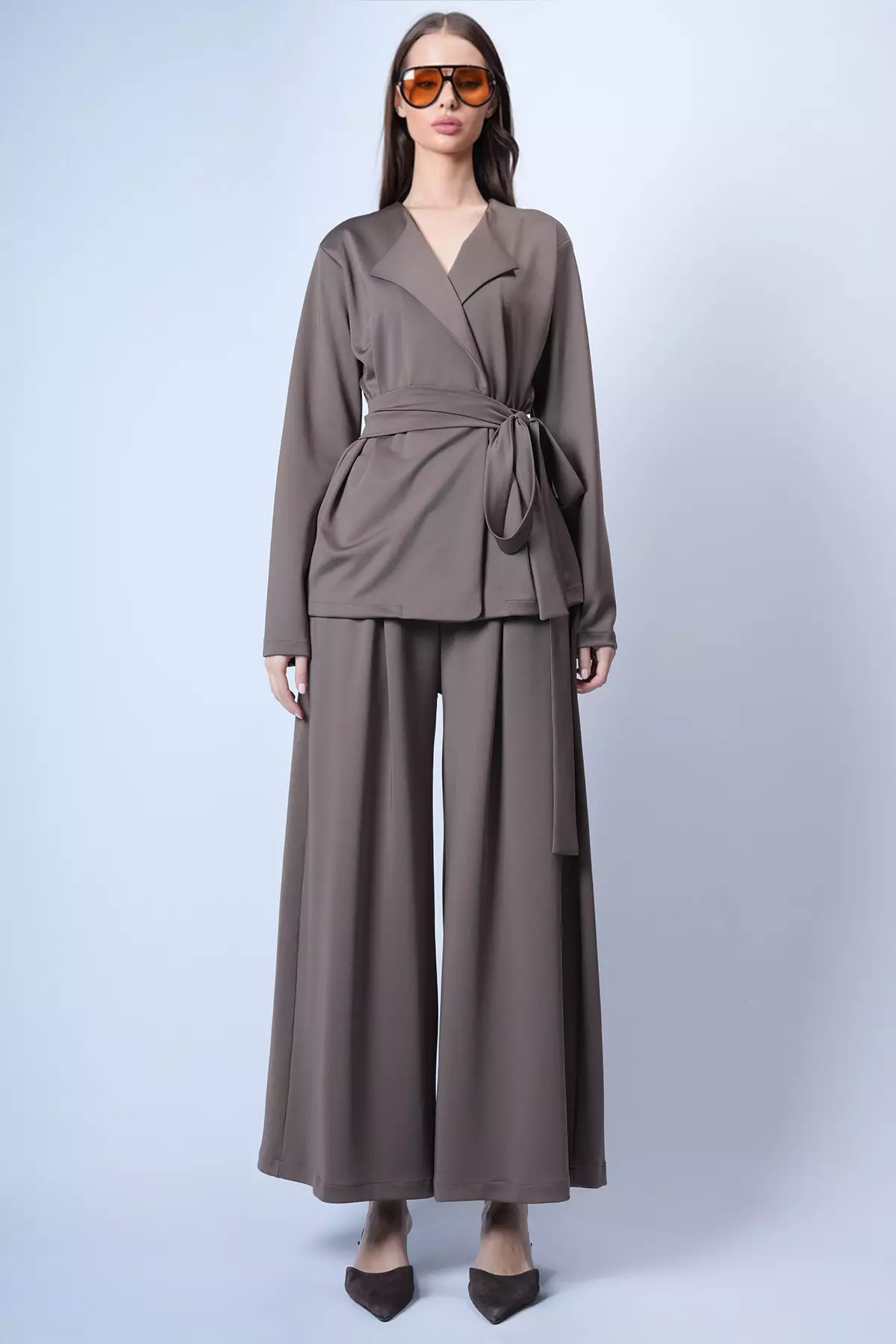 Brown Self-Belted Long Jacket And Double Pocket Trousers Set Alc-X15042