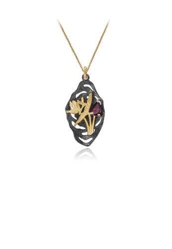 Glamorousky silver 925 Sterling Silver Plated Black Fashion Elegant Gold Butterfly Flower Garnet Geometric Pendant with Necklace E3595AC3C23FF4GS_1