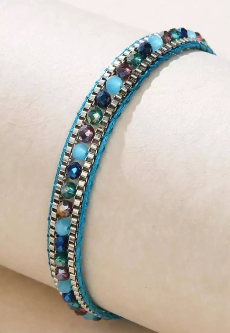 Aksesoris Gelang Wanita Crystals Beads Embellish Macrame Bracelet Blue & Multi