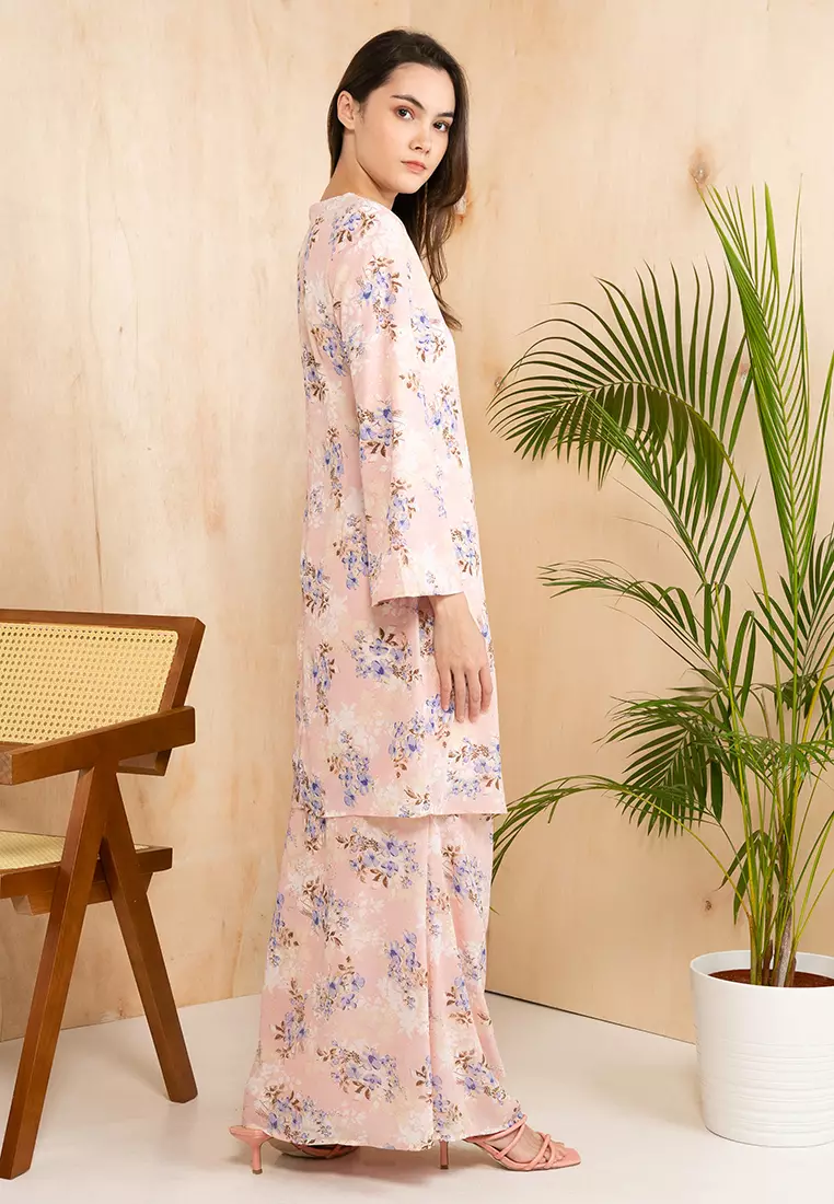 Grand Gold Foiled Floral Baju Kurung Moden Chiffon in Pink