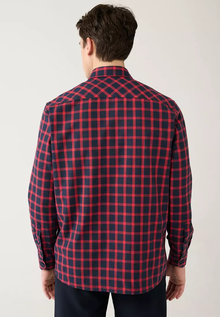 Men's Navy Blue-Red Cotton Plaid Flannel Lumberjack Shirt A32Y2158