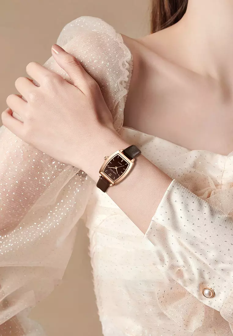 Jam Tangan Wanita 6007 Original Tali Kulit Jam Anggun Santai Korea Jam Tangan Cewek coffee