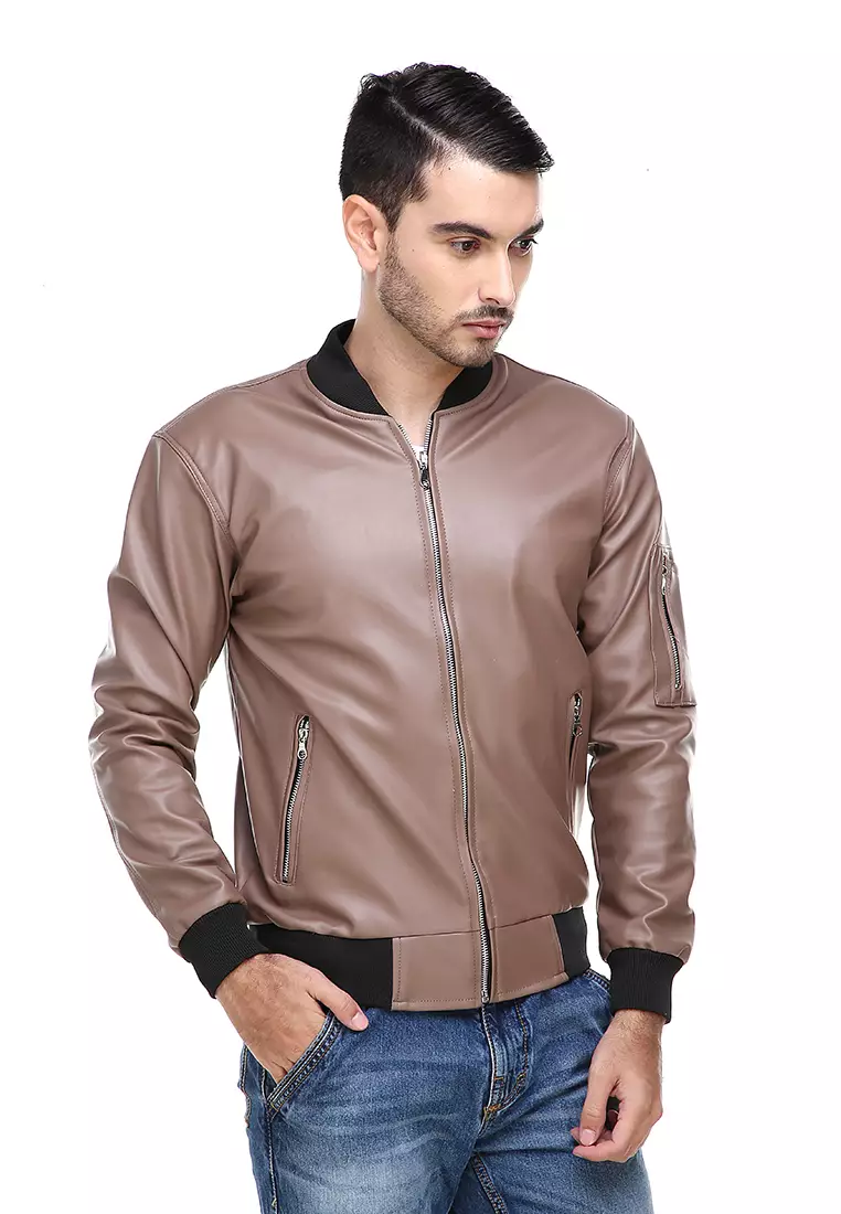 Clover Jaket Bomber Pria Now Ori Soft Material Leather Kulit ORIGINAL - Mocca