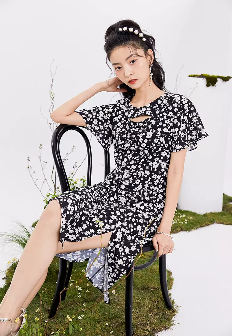 Front Slit Floral Midi Dress