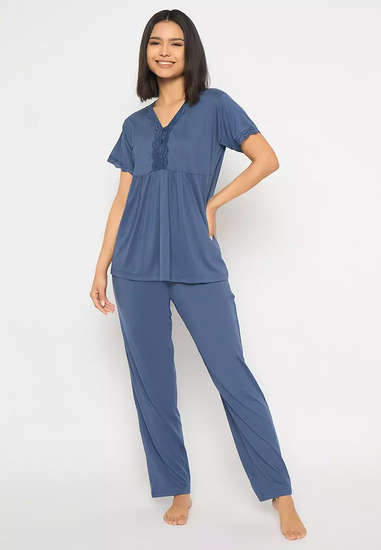 Clovia Peplum Top & Pyjama Set in Steel Blue
