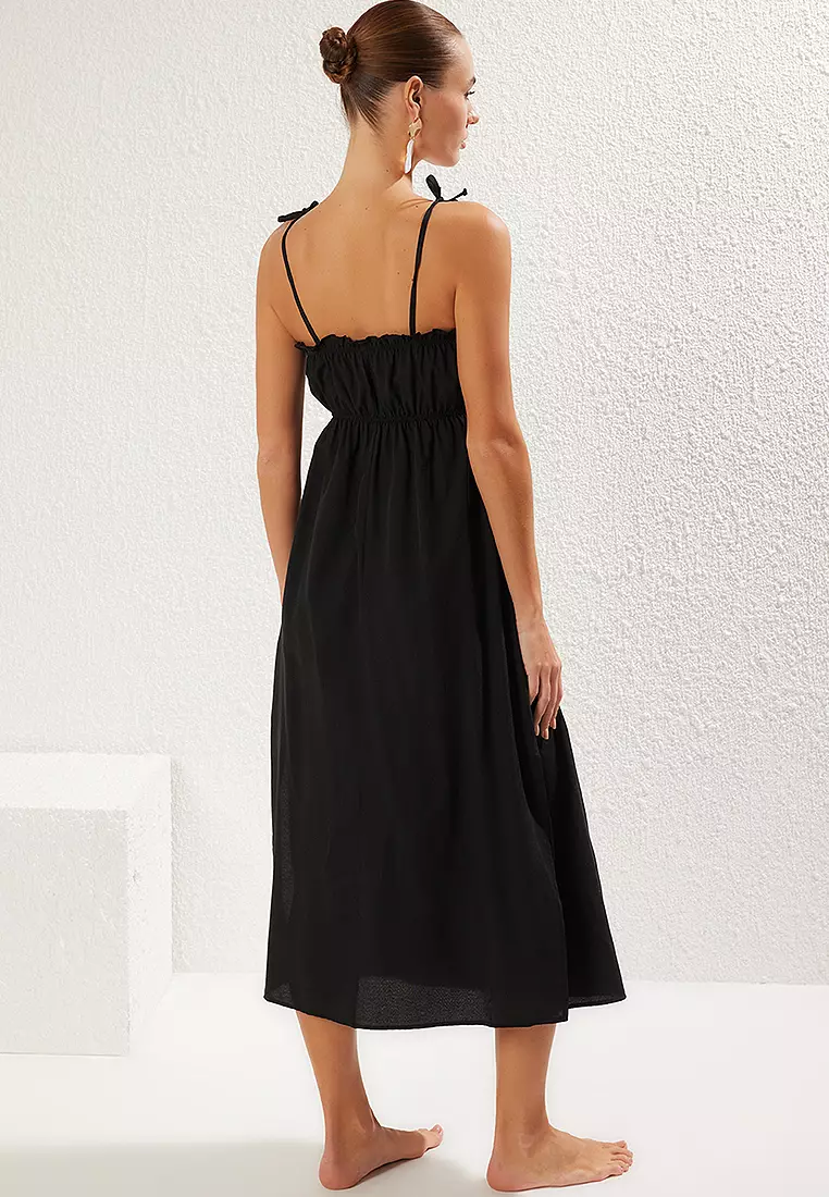 Woven Gathered Detail Poplin Beach Midi Dress