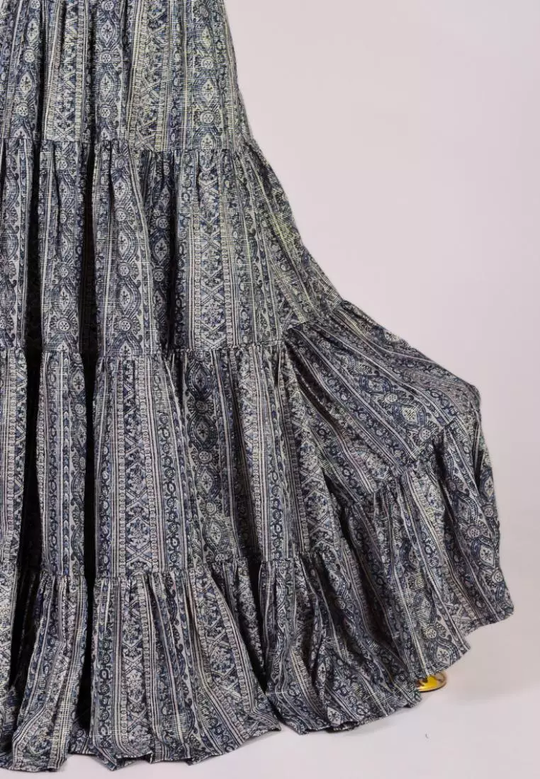 Greyish-Blue Muslin-Zari-Printed Lehenga Skirt & Blouse Set