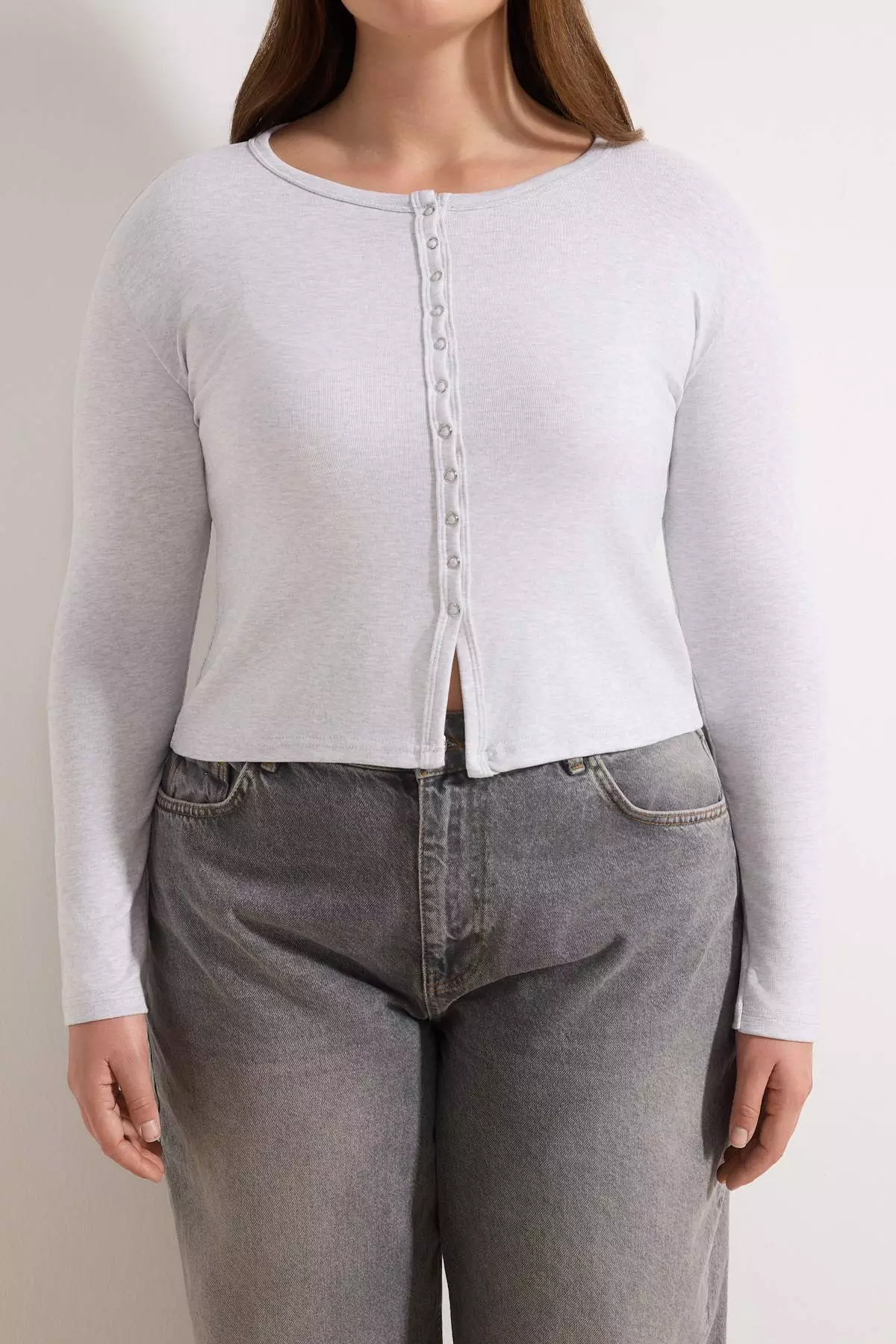 Gray Melange Snap Crop Top Basic Knitted Plus Size Blouse Tbbaw26Af00119