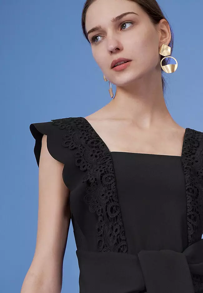 Square Neck Lace Overlay Self-Tie Waist Top