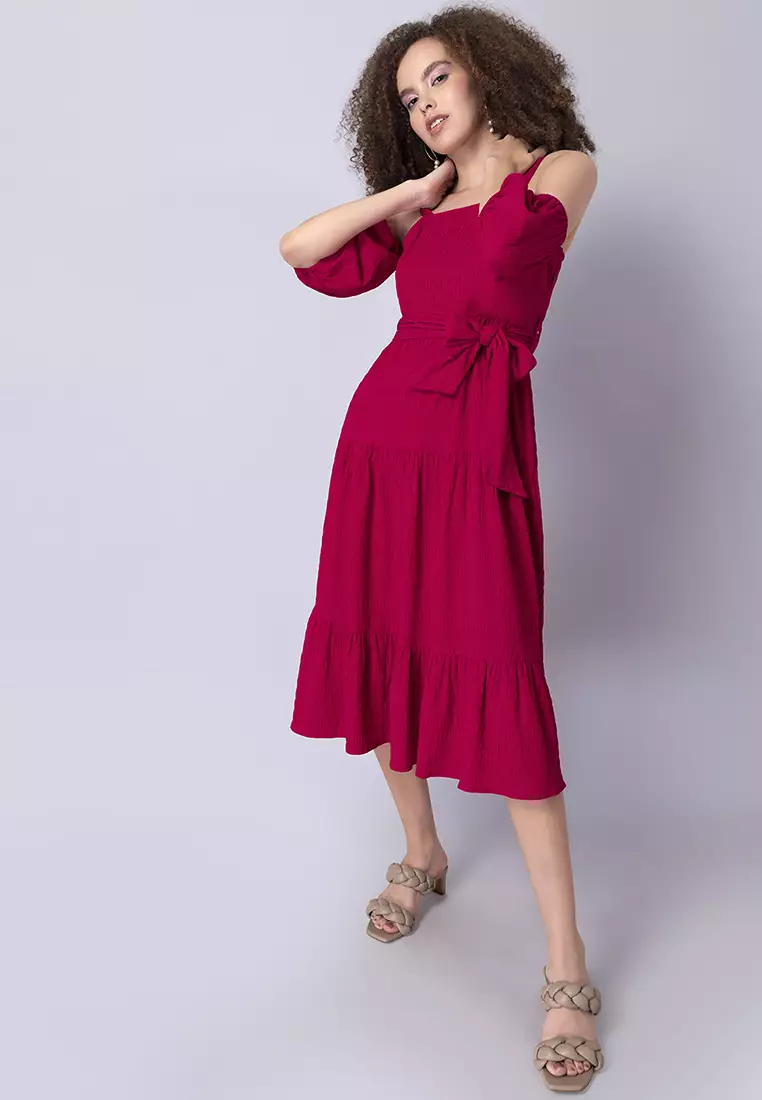 Pink Strappy Cold Shoulder Midi Dress
