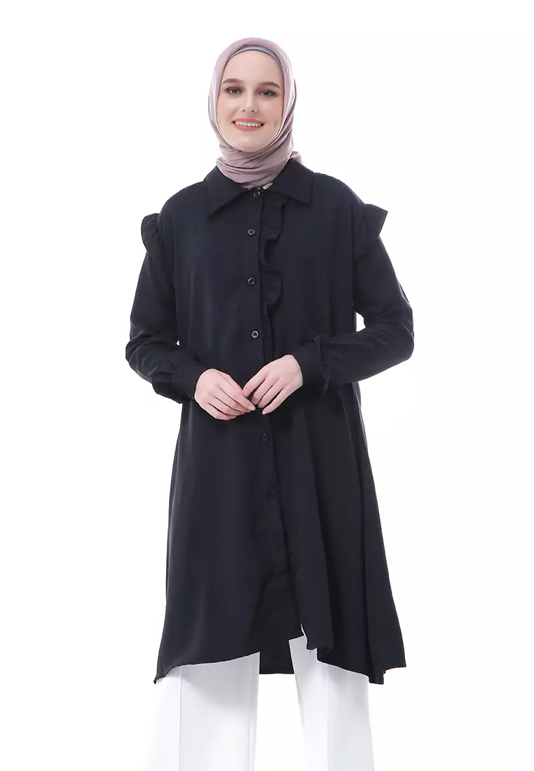 Zemira Tunik Atasan Wanita Motif Polos Long Sleeve - Hitam
