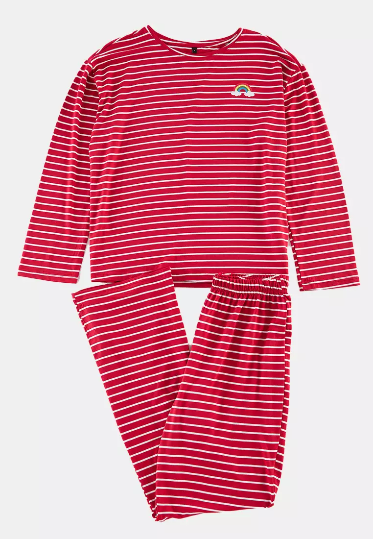 Red Striped Rainbow Printed Viscose Knitted Pajama Set