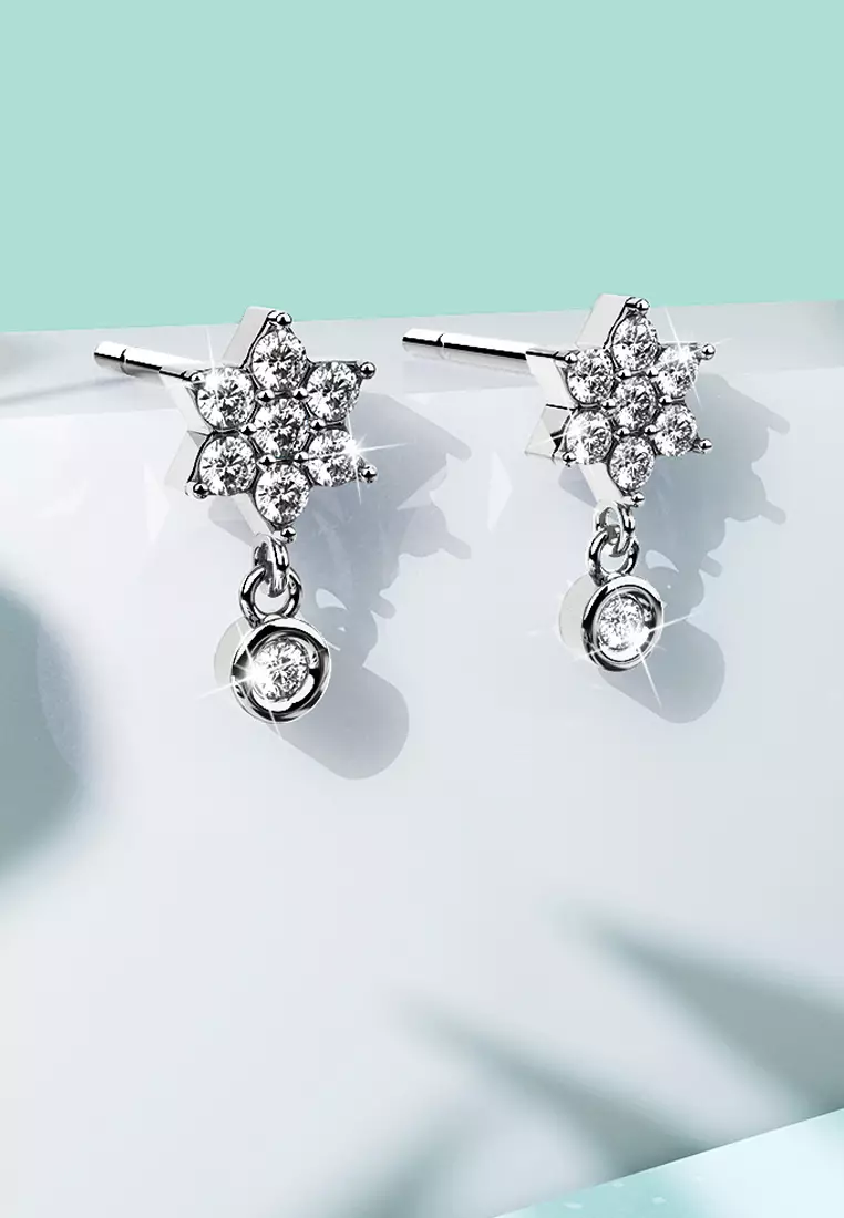 Solid 925 Sterling Silver Pretty & Petite Zircon Drop Earrings in Silver
