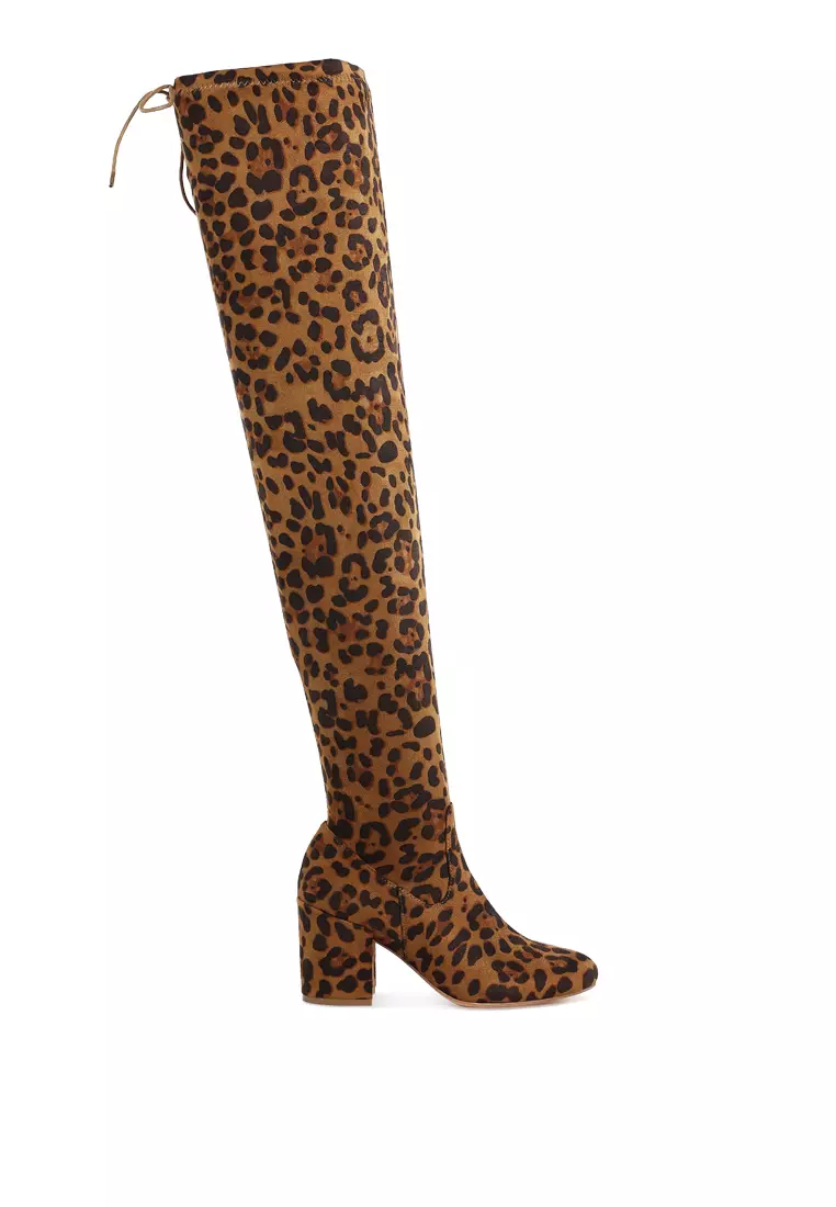 Discount on London Rag  shoes - SKU: Minimal Drawstring Detail Knee-High Boots in Leopard