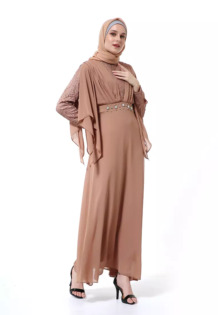 Khusnul Dress Ceruty Muslimah Long Sleeve Motif Polos High Quality Premium - Mocha