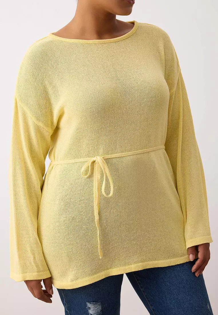 Yellow Boat Neck Waist Belted Slim Knitwear Sweater Tbbaw26An00036