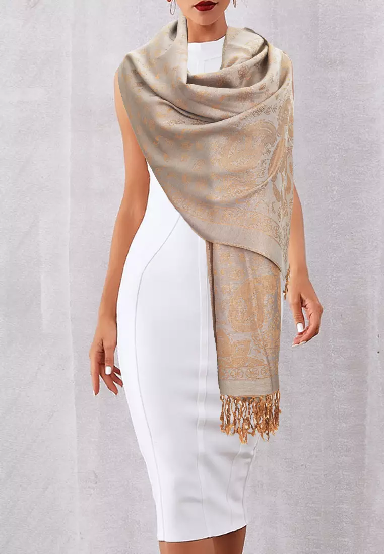 Reversible Viscose Paisley Pattern Skull Pashmina Shawl Syal Wanita Fossil Grey