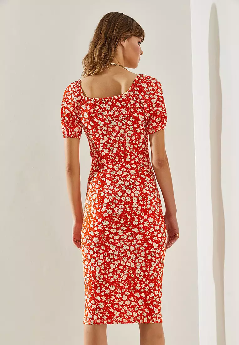 Women's Tie-Front Watermelon Sleeve Daisy Patterned Slit Detailed Dress 60251371