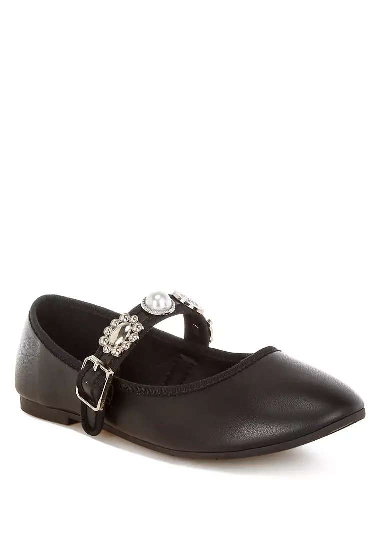 Charms Embellished Flat Mary Janes in Black