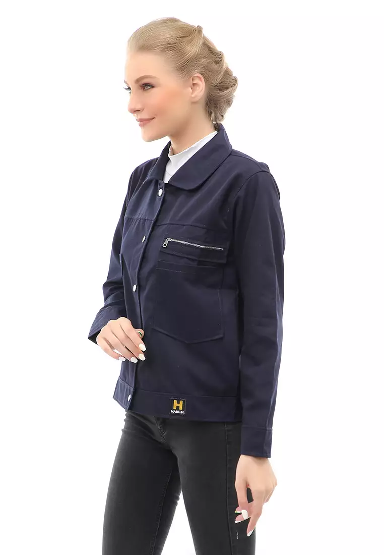 Hardwin Jacket Outer Wanita Jaket Pocket Zippy Material Baby Canvas ORIGINAL - Navy
