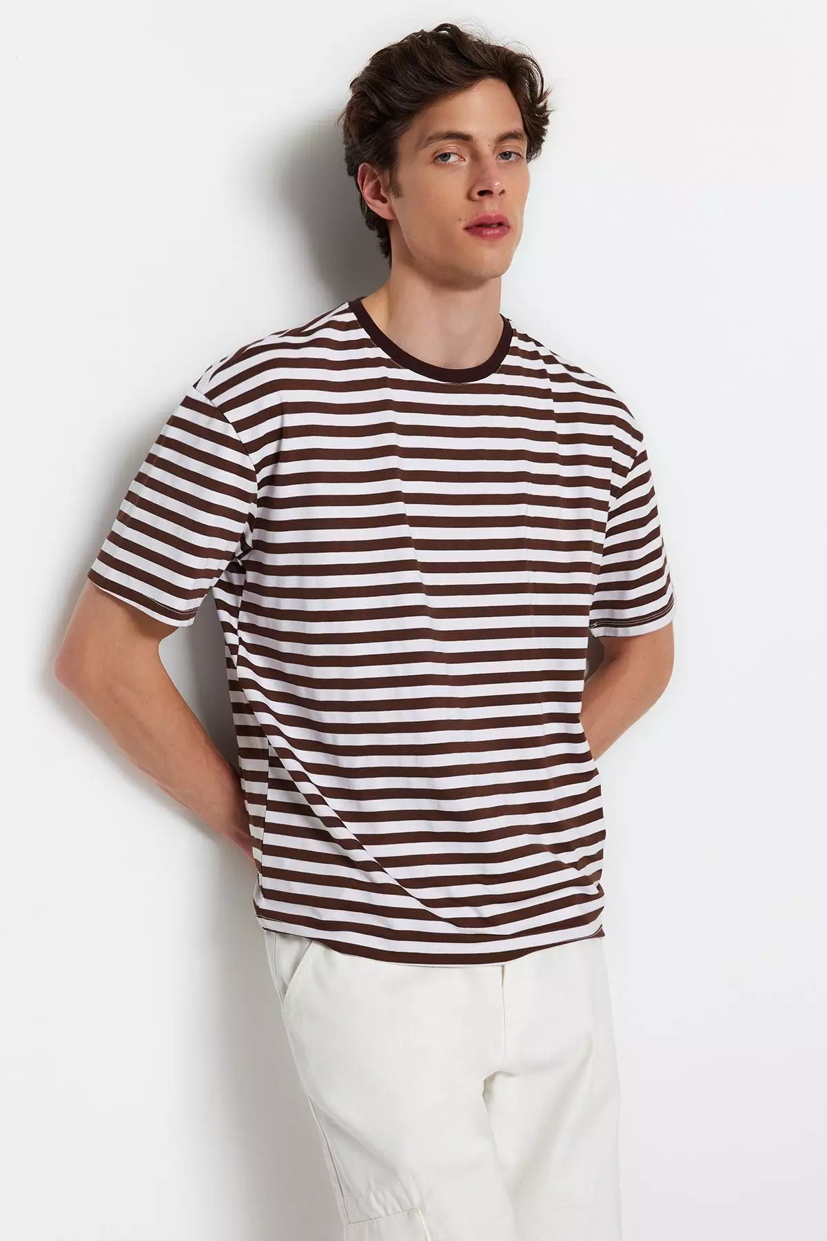 Light Brown Oversize/Wide Cut Striped Crew Neck Short Sleeve T-Shirt TMNSS20TS0511