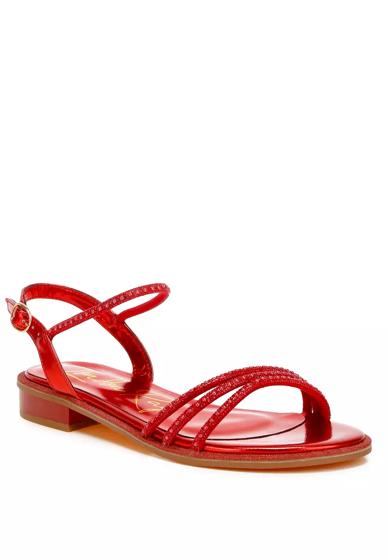 Rhinestone Pearl Detail Flat Sandals in Red