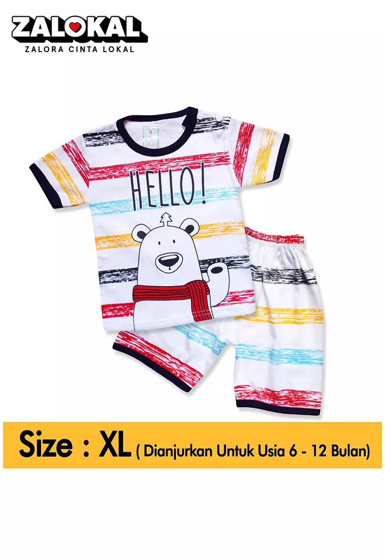 Skabe Pakaian Bayi Anak Laki Laki Baju Atasan Oblong Lengan Pendek Bear Salur Full Print Setelan Kaos Baby Putih All Size Untuk Usia 6 Bulan Hingga 12 Bulan 2878 Everyday