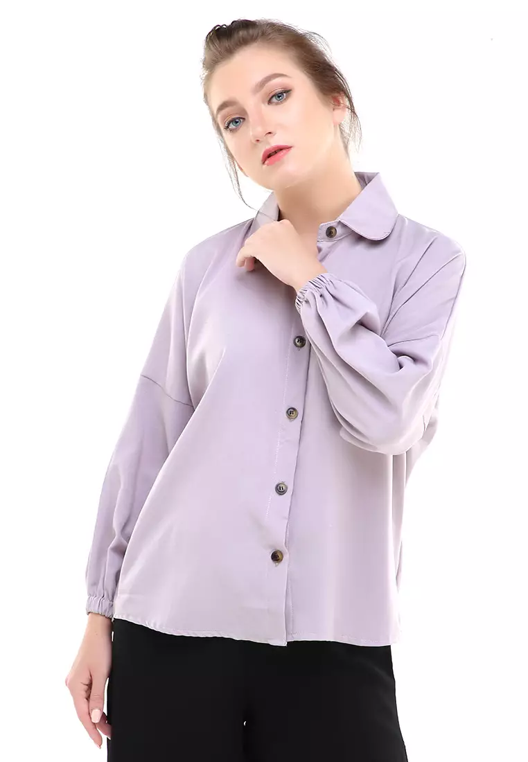 Narya Blouse Lengan Panjang Rubber Sleeves Atasan Wanita Regular Fit - Grey