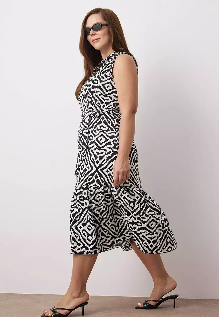 Black Geometric Printed Zero Sleeve V Neck Skirt Ruffled Midi Knitted Dress