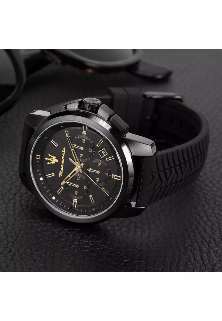 【2 Years Warranty】Maserati Successo 44mm Black Silicon Strap Men's Chronograph Quartz Watch R8871621011