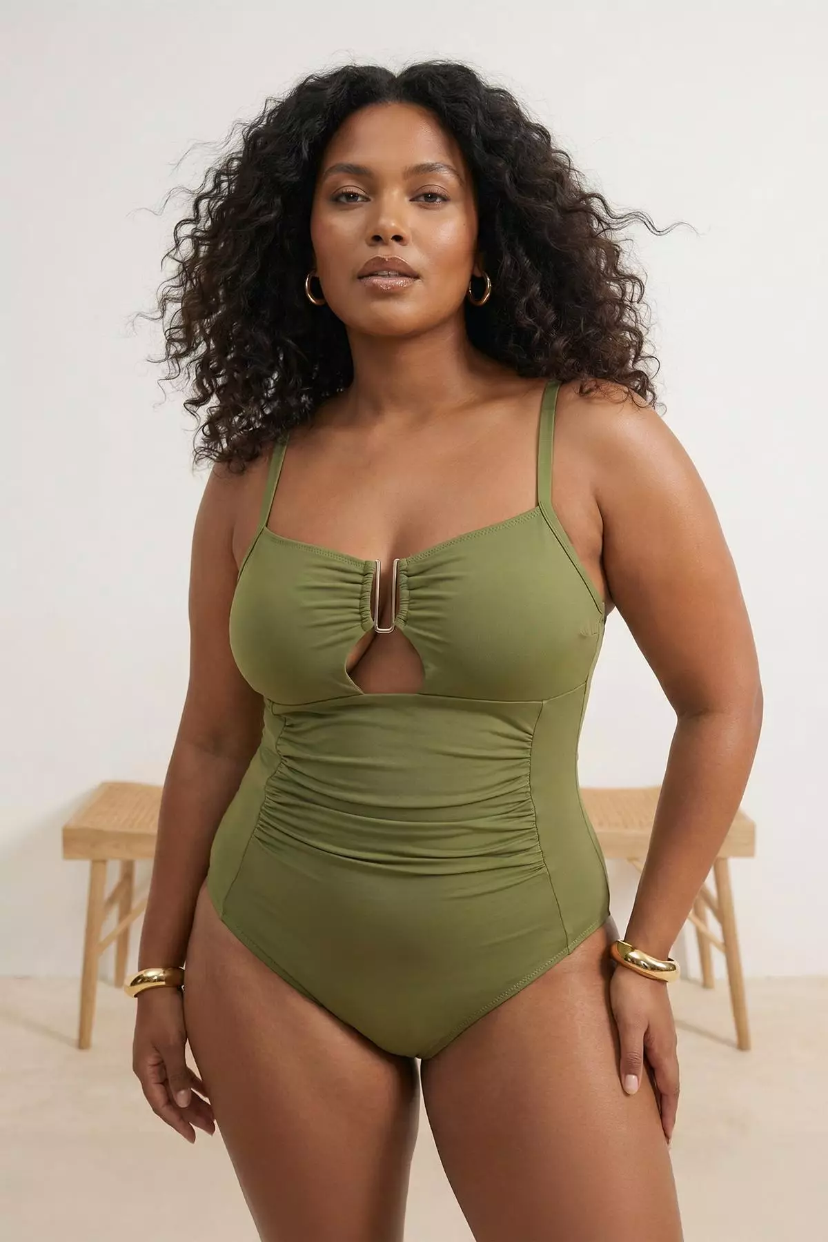 Oil Green Square Neck Accessory Draped Plus Size Swimwear Tbbss26Am00012
