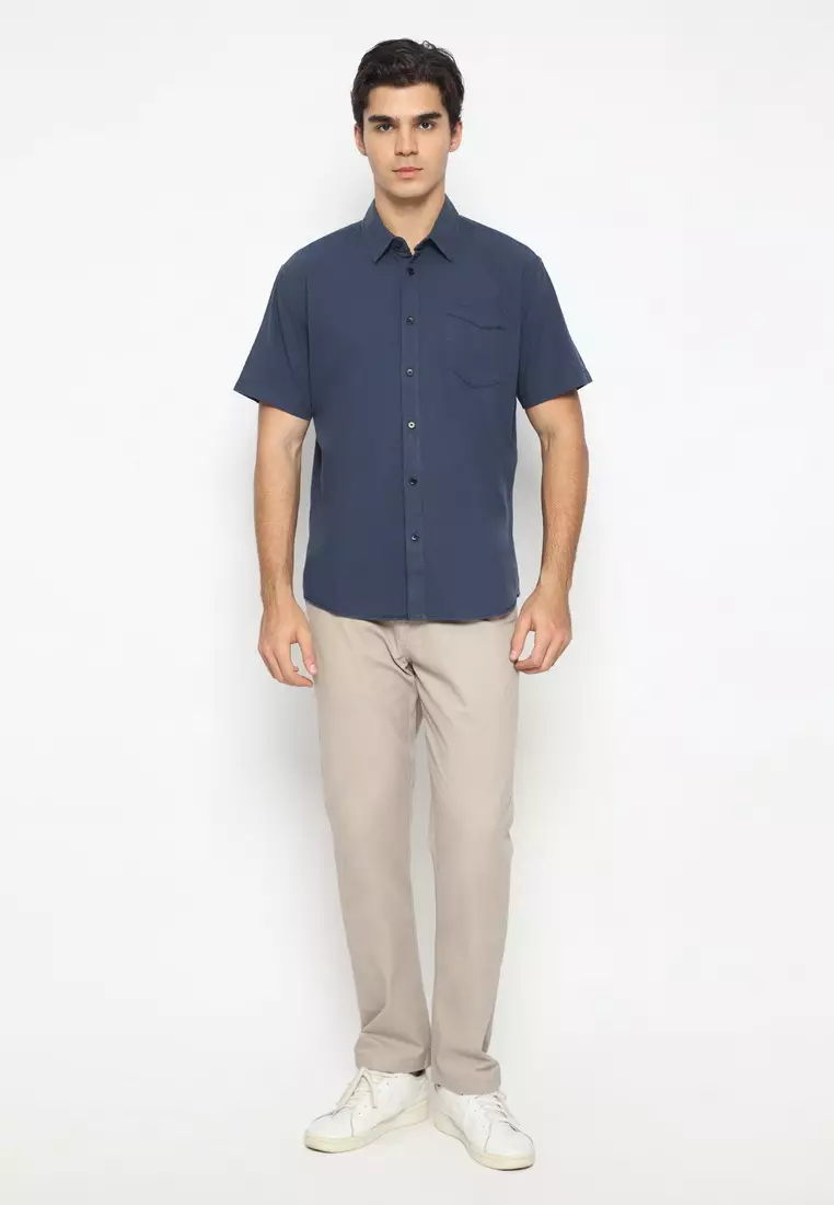 POLICE Kemeja Polos Cotton Biru Tua Regular Fit Pria