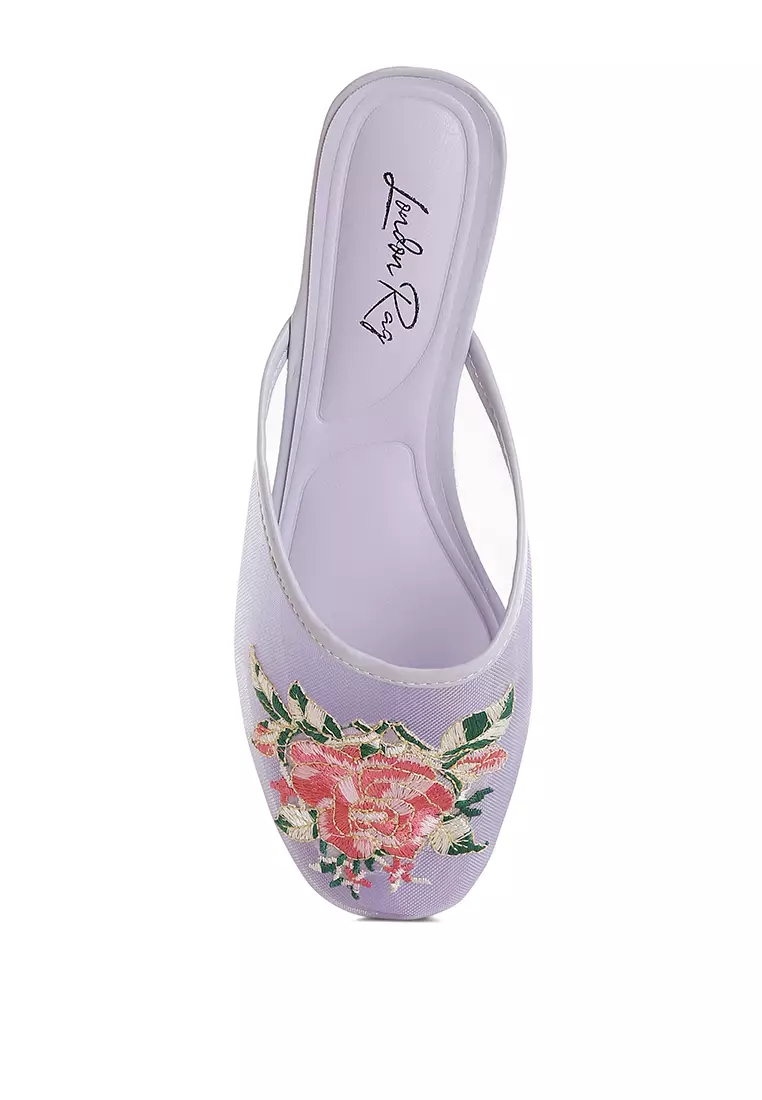 Floral Embroidered Mesh Mules in Lilac