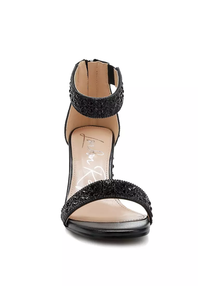 Rhinestones And Sequins Block Sandals in Black