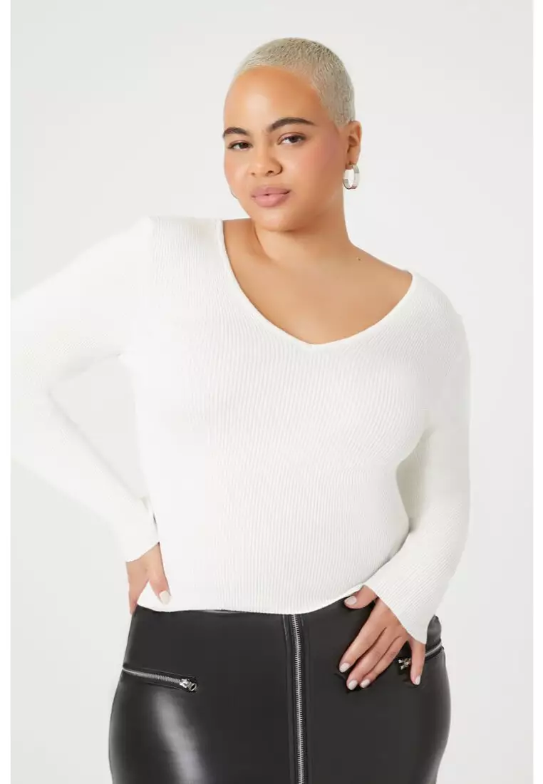 Plus Size Ribbed V Neck Sweater