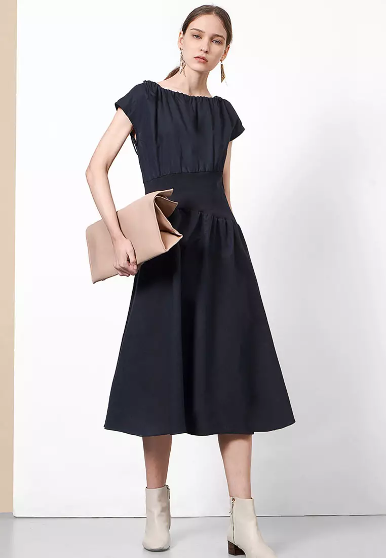 Asymmetric Waist Drawstring Midi Dress