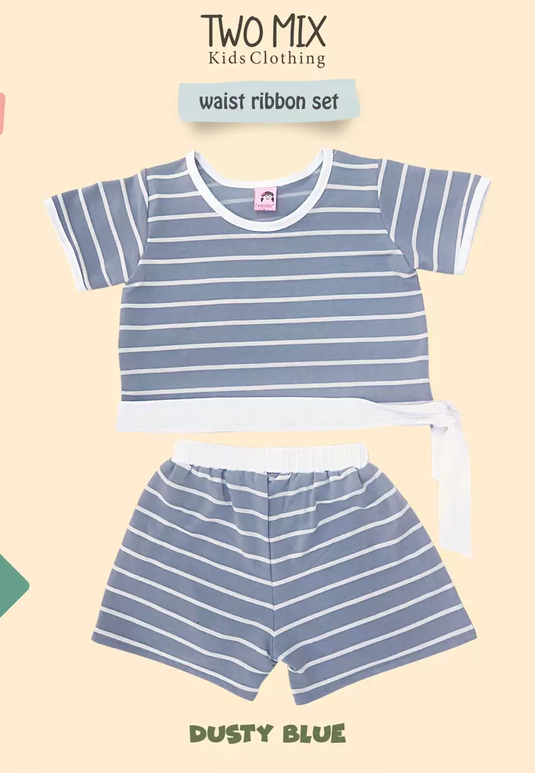 Two Mix - Baju Setelan Anak Perempuan Celana Pendek Salur 1-8 Tahun 4366 Dusty Blue