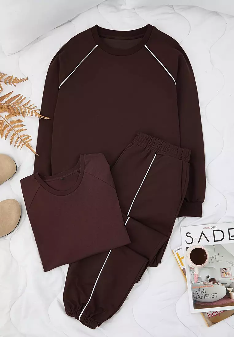 Brown 3 Pack T-Shirt Sweatshirt Sweatpants Set Tbbaw26Ts00010