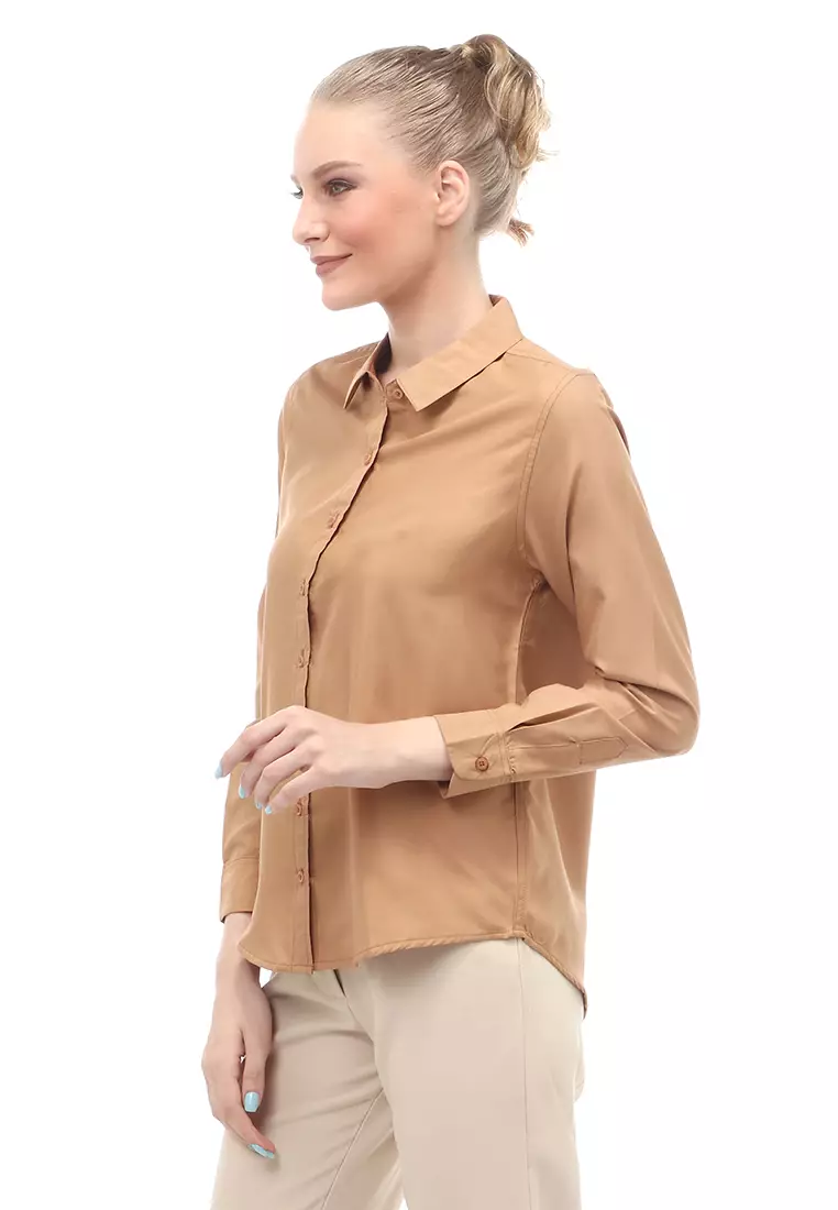 Kemeja Long Sleeves Atasan Wanita Motif Solid Shirt - Brown