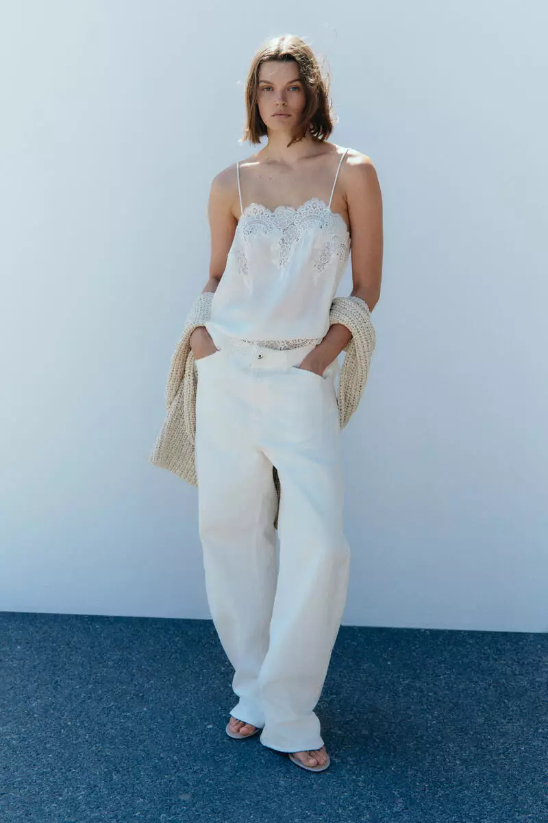 Lace-trimmed viscose top