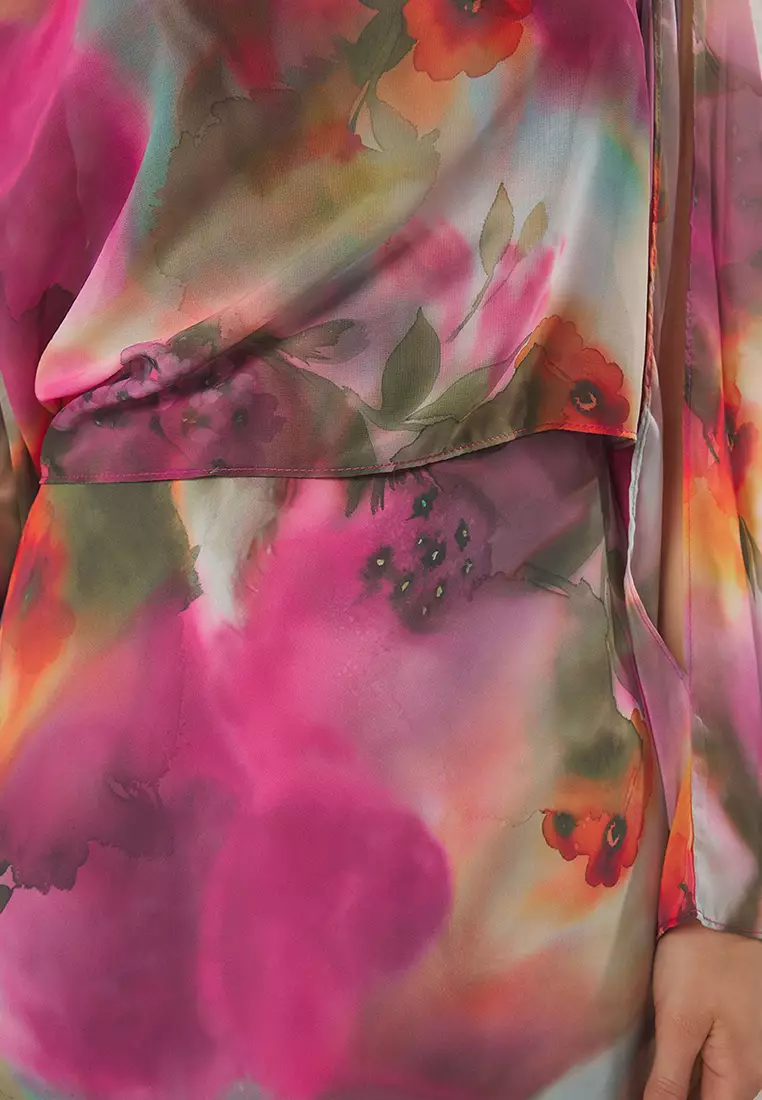 Multicolored Abstract Plain Cut Cape Detail Maxi Lined Chiffon Woven Dress TWOSS25EL00014