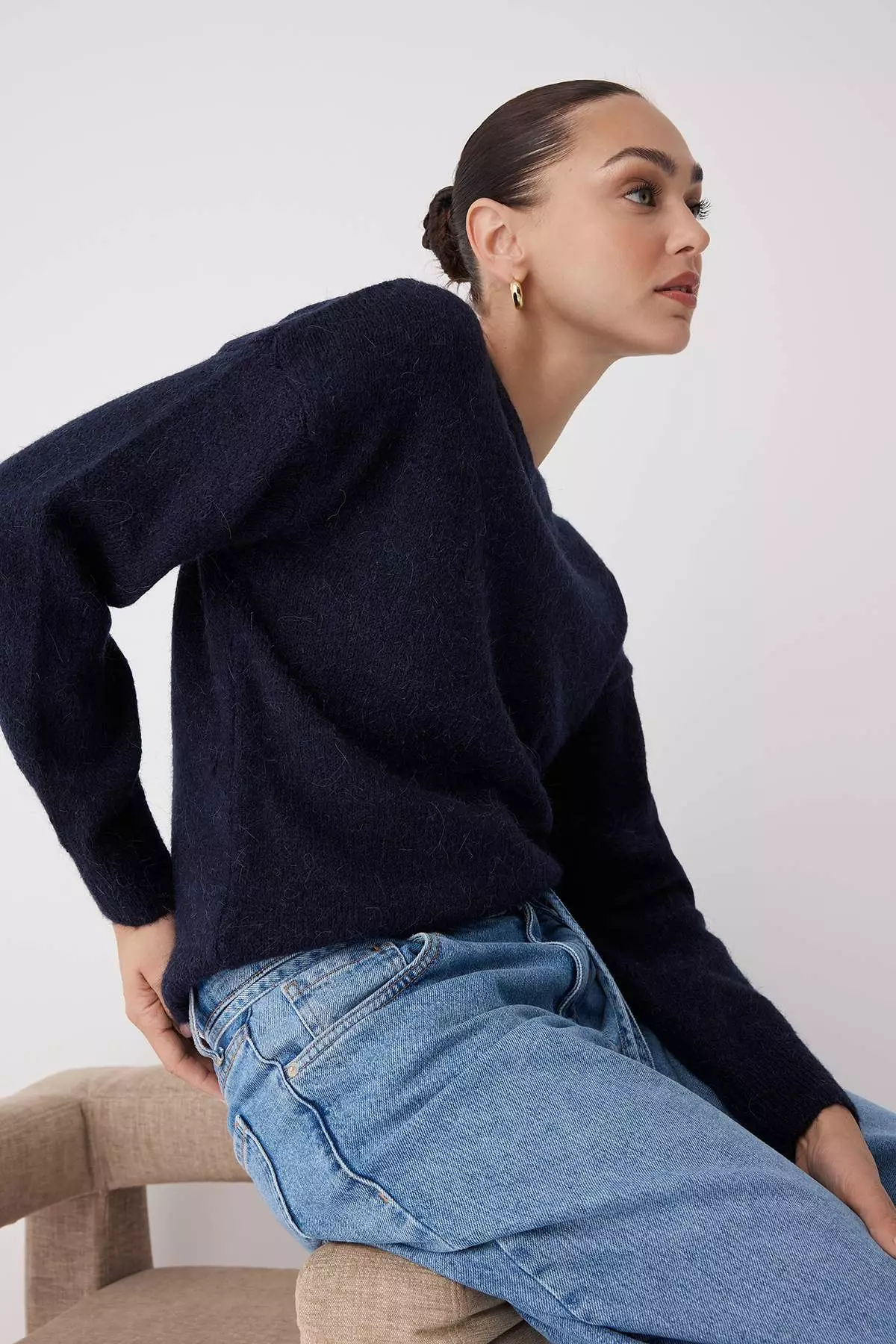 Navy Blue Alpaca Wool Blended Wide Fit Premium Yarn Knitwear Sweater