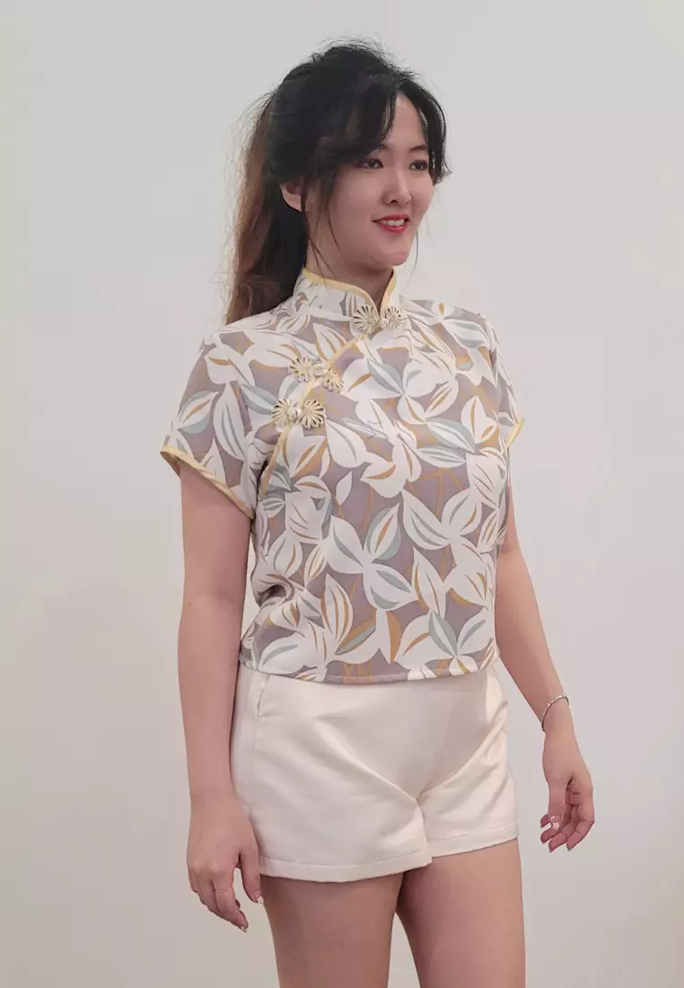 Ivory Cheongsam Cap Sleeves Top Brown White Flower Printed